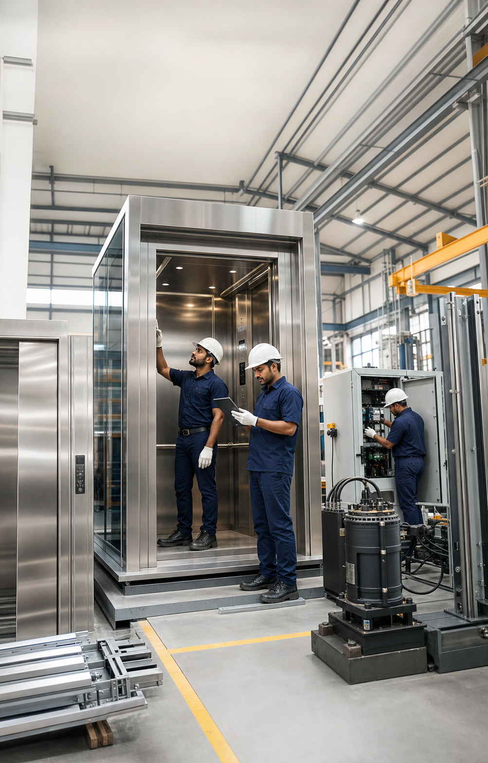 Airfoil technicians working on elevator equipment in the factory
